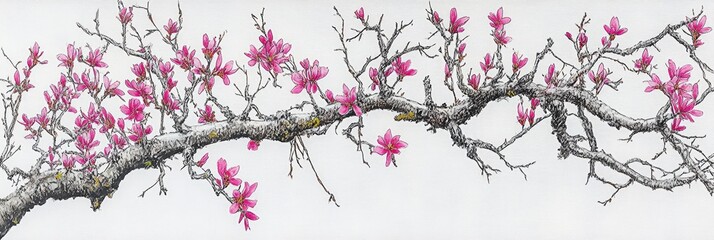 Pink magnolia blossoms branch, spring, nature, art, design