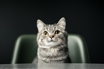 Gray tabby cat sitting on a chair with a curious expression in a dimly lit room during the evening