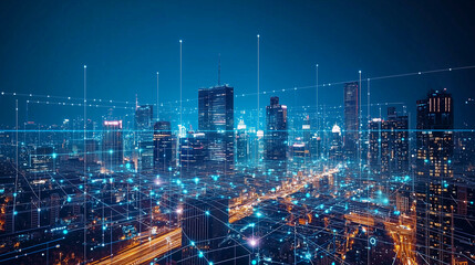 Fototapeta premium A sleek, futuristic smart city skyline at night, with glowing skyscrapers, autonomous vehicles, and advanced digital displays, showcasing innovation and technology in urban design.