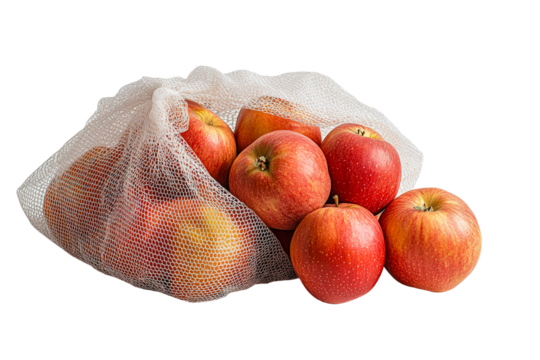 Fresh red apples in a mesh bag ready for sale at a local market isolated on transparent background