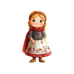 Adorable Cartoon Girl in Traditional Folk Costume