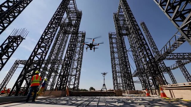 Drones inspect construction site structures in clear sky, showcasing innovative technology in architecture and safety measures