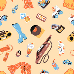 Repeatable pattern of retro accessories of 1980s. Endless background with items with nostalgia of 80s. 1980 style: fashion magazines, vinyl, tape recorder, cassettes. Flat seamless vector illustration