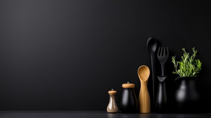 Black kitchen utensils and herbs on dark background; culinary blog, recipe site