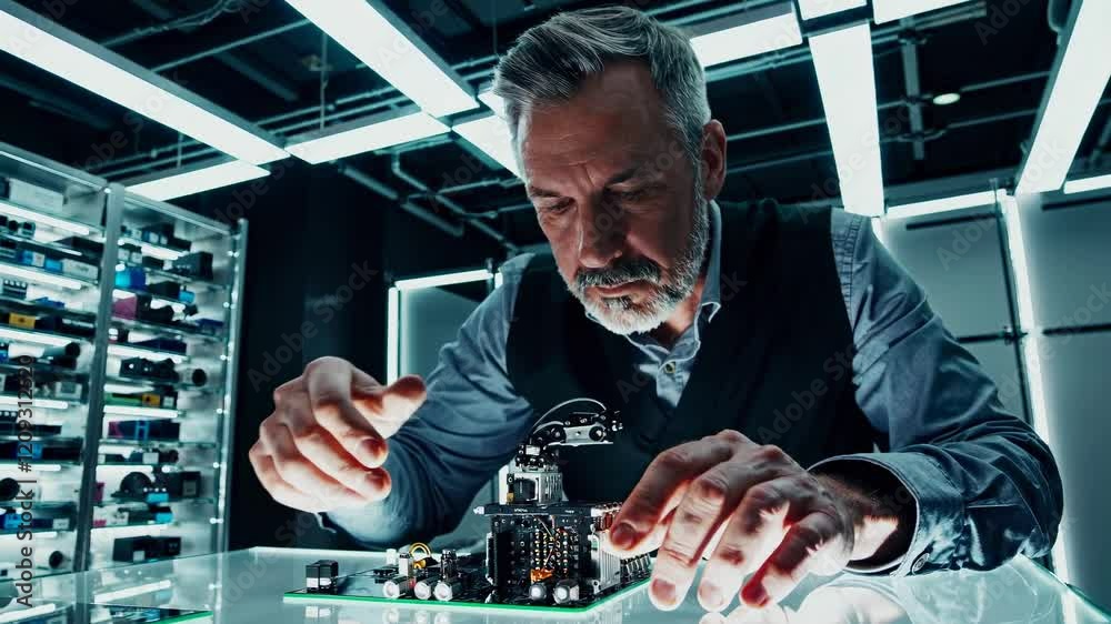Poster expert engineer assembling robotic components in a high-tech laboratory setting