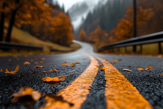 Herbstliche Landstra&szlig;e mit gelber Mittellinie, nassen Bl&auml;ttern und nebliger Waldlandschaft  
