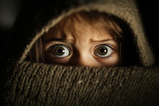 Child experiences fear of darkness while peeking out from under a blanket in a dim room