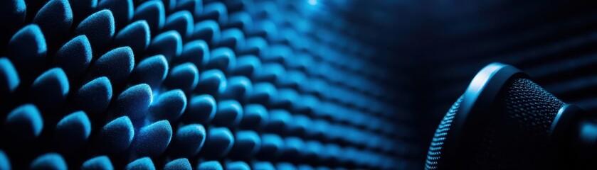 Obraz premium A close-up of a microphone beside a textured blue acoustic panel, creating a striking visual contrast and highlighting soundproofing elements.