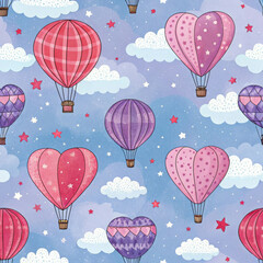Naklejka premium Colorful hot air balloons in heart shapes float among fluffy clouds and stars, creating whimsical and cheerful pattern perfect for various designs