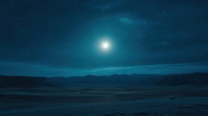 A serene night landscape illuminated by a bright moon under a starry sky.