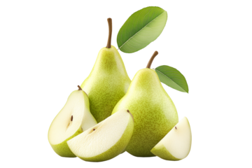Whole ripe pear and sliced half with visible seeds and green leaf isolated on white transparent background, concept of fresh fruit and nutrition