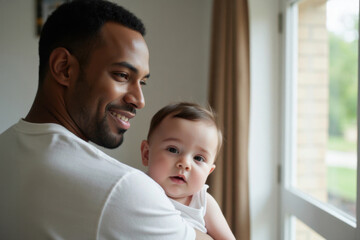 A black father is holding a white baby