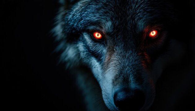 Close-up of a menacing wolf with glowing red eyes.