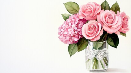 Obraz premium Delicate watercolor painting of pink roses and hydrangeas in a lace-adorned glass vase, creating a soft and romantic floral arrang