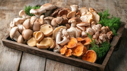 Assortment of Fresh Mushrooms in Wooden Tray