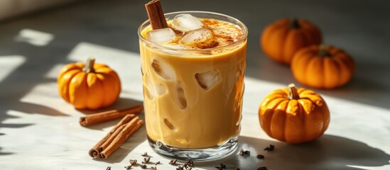 Iced pumpkin spice latte with cinnamon and mini pumpkins.