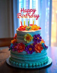Birthday cake decorated with colorful sprinkles and candles