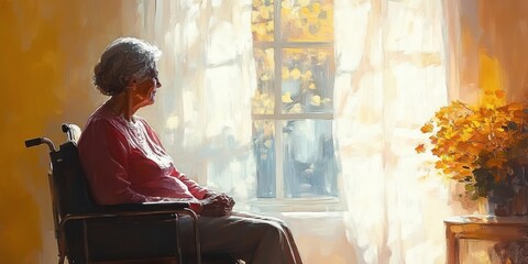 elderly woman in wheelchair bright room retirement home senior care center