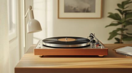 Modern Home Office Setup with Turntable and Vinyl Record in Matte Black â€“ Stylish and Professional Workspace with Warm Lighting