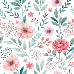 Beautiful floral pattern featuring pink and blue flowers with green leaves, perfect for romantic designs and backgrounds