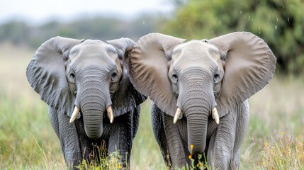 Two young elephants walking in African savanna during rain