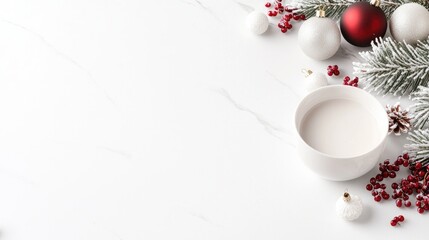 Festive hot drink on marble, Christmas decorations.  Holiday recipe blog