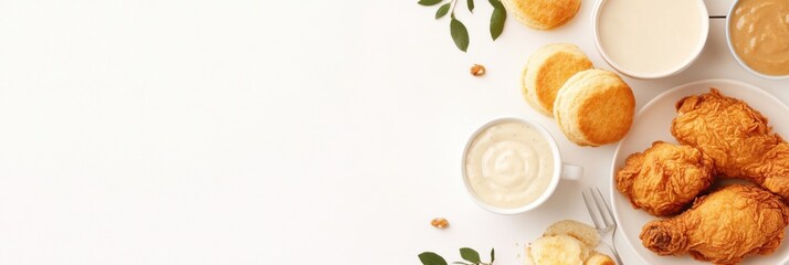 Crispy fried chicken served with warm biscuits and rich gravy on a charming dining table