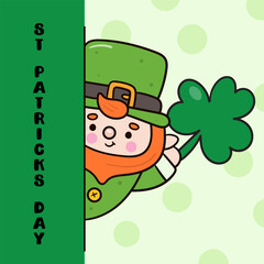elf gnome st patricks day with shamrock kawaii cartoon lucky card irish character
