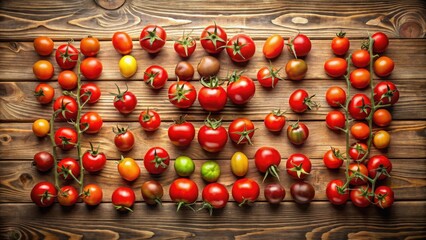 A vibrant collection of cherry tomatoes arranged on a rustic wooden surface, showcasing a diverse array of colors and sizes, including red, yellow, and green varieties, some still on the vine.
