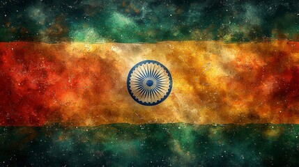Artistic Indian flag, cosmic texture, saffron, white, green.