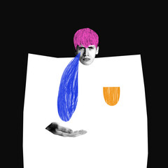 Modern art design. Person with pink hair, tear in form of blue streak, hand outstretched as if...