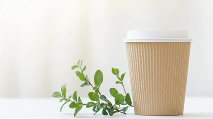 Sustainable environmental planet adaptation concept. A coffee cup with a natural aesthetic alongside a small green plant.