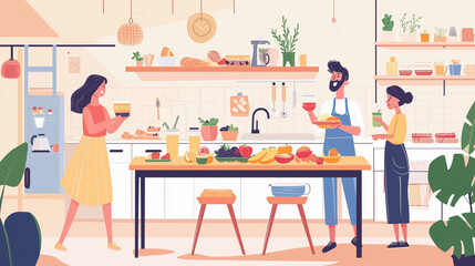 Fototapeta premium A joyful family enjoying a healthy breakfast in a bright kitchen, with fresh fruits, smoothies, and a cozy, inviting atmosphere, creating a perfect start to the day.