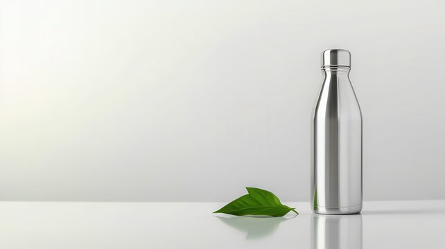 Sustainable environmental planet adaptation concept. Silver bottle beside a green leaf on a minimalist background.