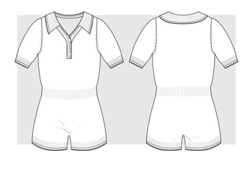 Knitted jumpsuit v-neck with shorts and buttons. Technical scketch.