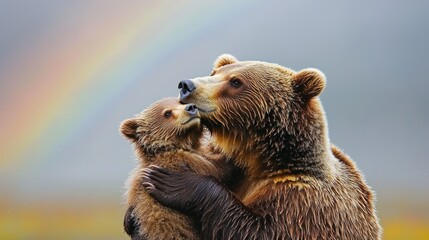 Obraz premium A heartwarming scene of a bear and cub embracing under a rainbow.