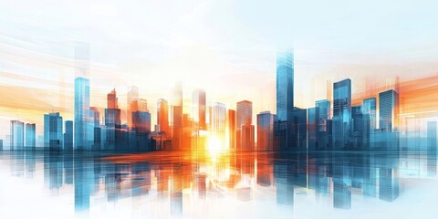 Stunning architectural illustration featuring skyscrapers during sunset or sunrise.