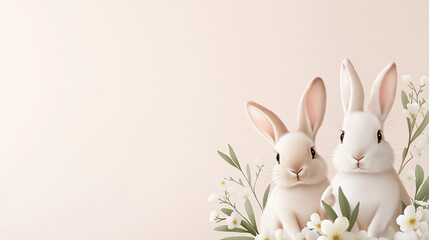 Obraz premium Two watercolor rabbits sitting in white flowers on pink background with copy space