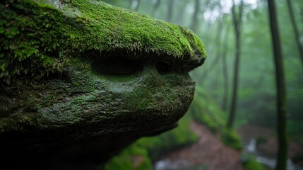 Obraz premium Mossy rock face, forest path, misty woods, nature background, perfect for travel brochures