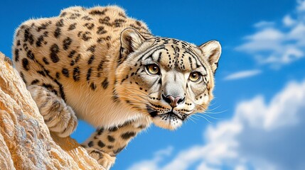 Fototapeta premium Majestic Snow Leopard on Rocky Mountaintop Against a Vivid Blue Sky