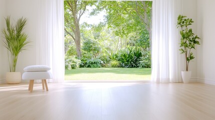 Tranquil home interior view of lush garden