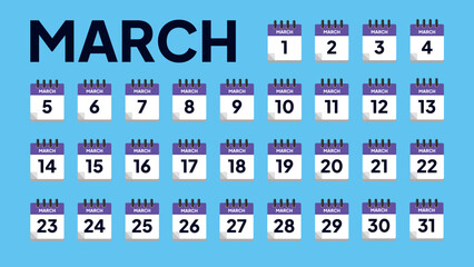 March. Monthly calendar in flat design style. Date vector illustration