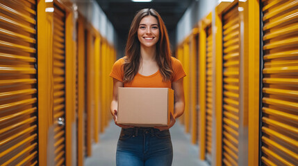 A cheerful woman holding a taped cardboard box in a hallway lined with vibrant yellow storage lockers  
