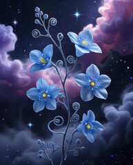 A stunning bouquet of forget-me-not flowers set against a mesmerizing galaxy backdrop. Created with generative AI.