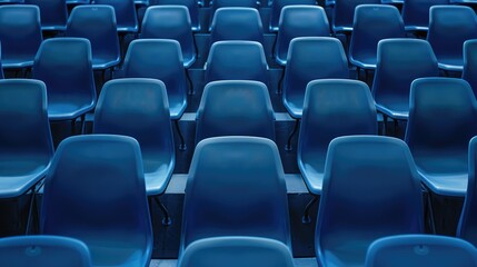 Naklejka premium Blue plastic chairs in rows with metal legs on a matching blue background, showcasing repetition and simplicity in design.