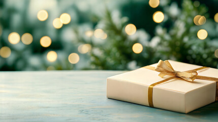 Gift-wrapped surprise on table holiday celebration decor cozy indoor close-up joyful moments