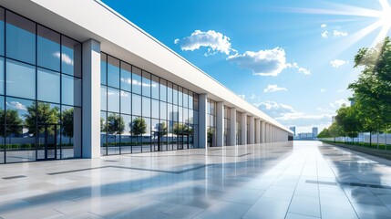 Obraz premium Modern architectural building with large glass windows, showcasing a bright sky and reflections, evoking a sense of openness and tranquility.