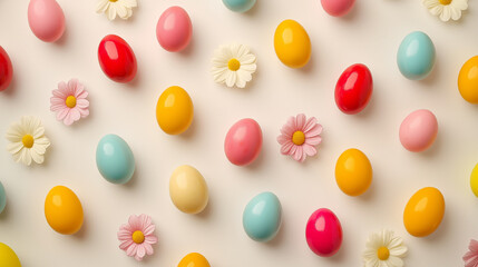 Obraz premium Colorful easter eggs and flowers creating a seamless festive pattern on white background