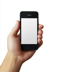 A hand holding a smartphone with a blank screen, isolated on a white background. Perfect for business-related content, showcasing mobile technology, or app design concepts.