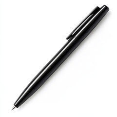 A single black ballpoint pen isolated on a white background.